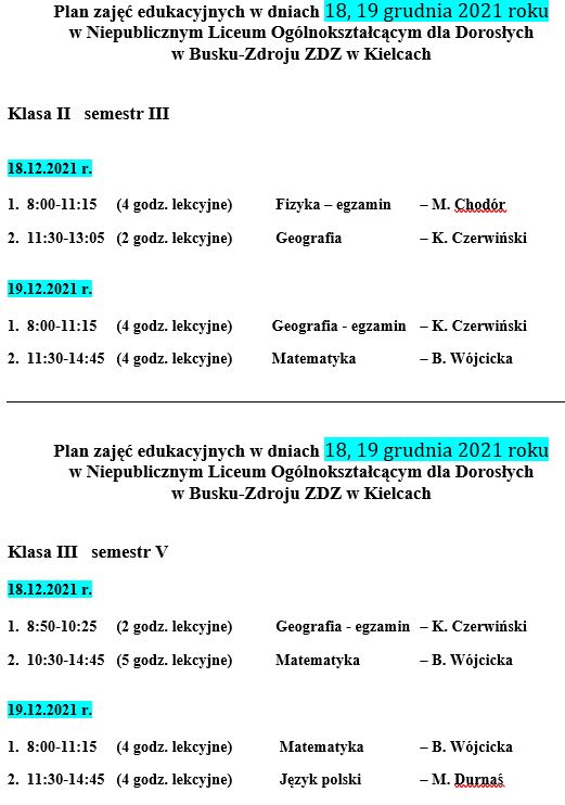 Harmonogram zjazdów i plan zajęć